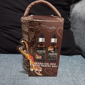 Ed Hardy Beard Oil Duo with Travel Bag - Brown and Black New